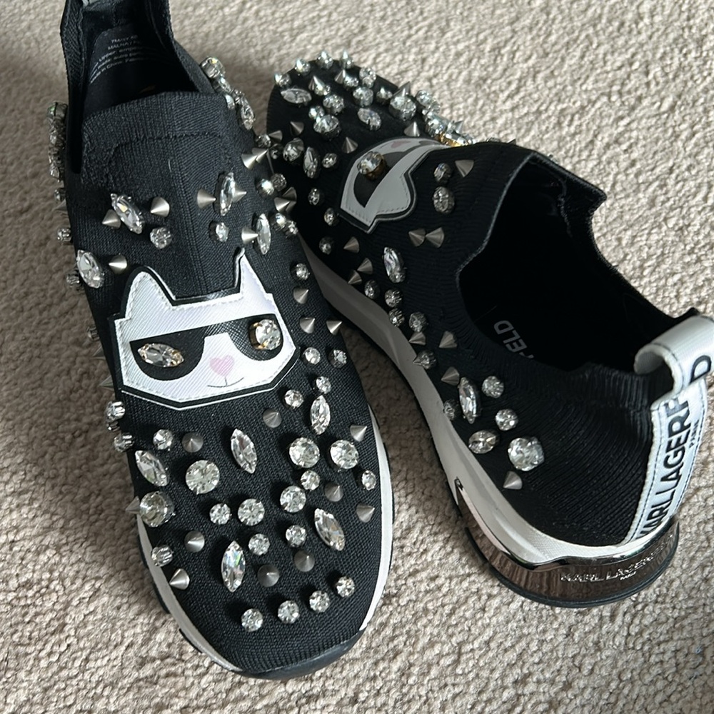 Karl Lagerfeld Black and White Crystal Sneakers - Picture 8 of 9